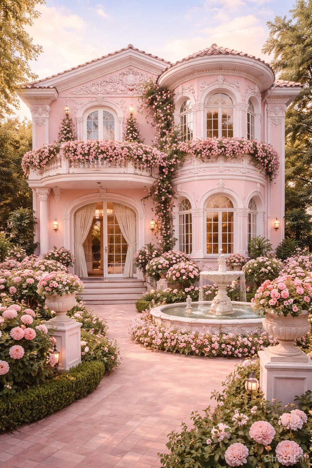 The Pink Manor — a rose-pink palace with rose-lined balconies and a fountain